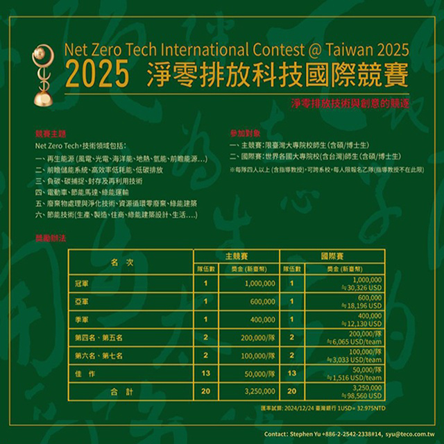 【競賽公告】2025淨零排放科技國際競賽@Taiwan，6月25日前受理報名！